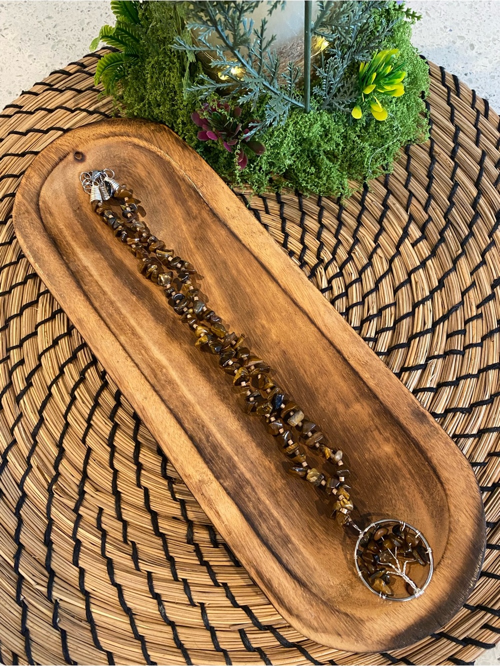 Handmade healing stoneTiger Eye Tree of Life Necklace in Brown w Silver Details